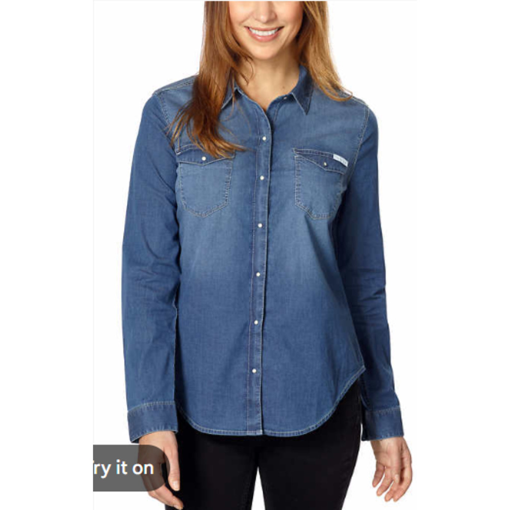 Calvin Klein Women's Blue Brady White Small Snap Front Denim Shirt L 8-12